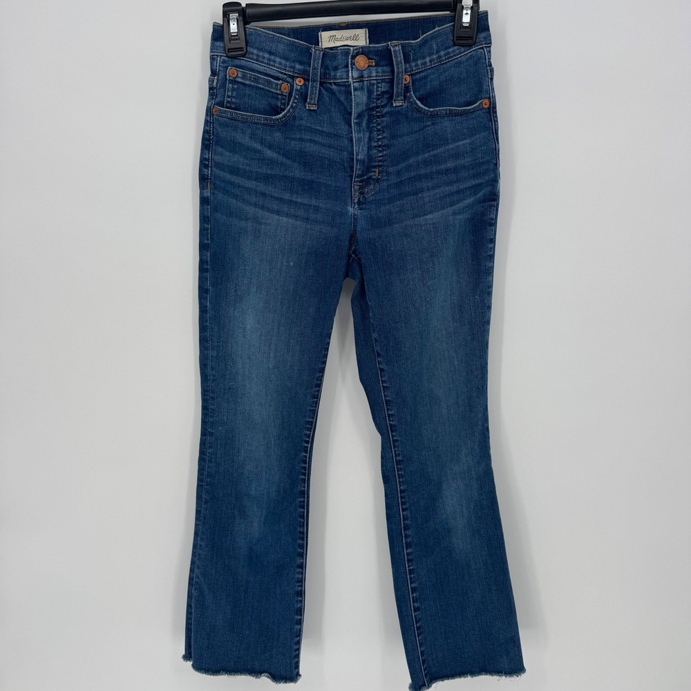 Madewell Cali Demi Boot Jeans Cropped Size 24 High Rise Medium Wash Frayed Hem - Picture 2 of 8